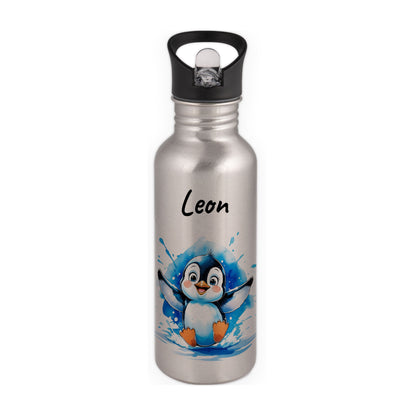 Trinkflasche mit Strohhalm in Silber 600ml bedruckt mit niedlichen Tieren"Pinguin" personalisierbar für Kinder mit Wunschname aus Edelstahl