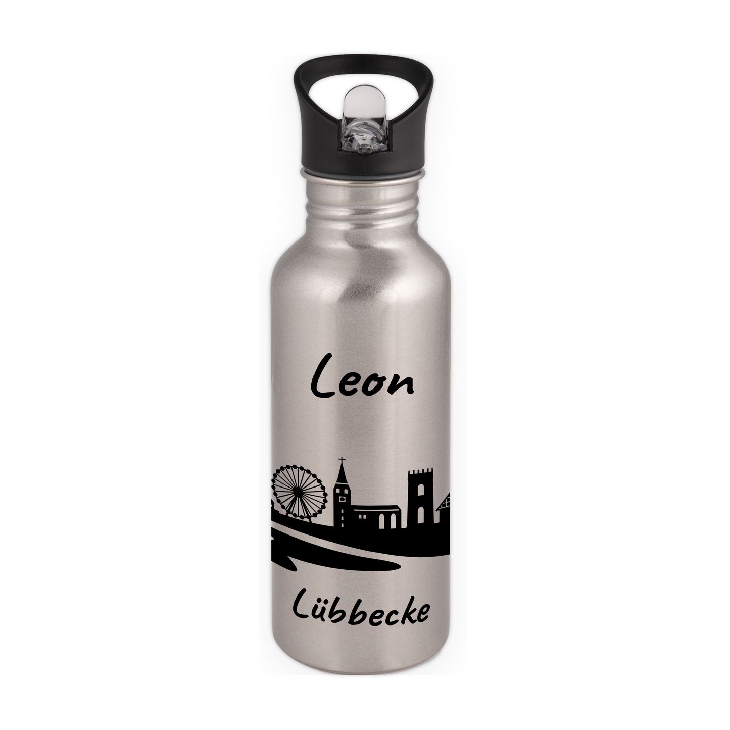 Trinkflasche in Silber 600ml aus Edelstahl bedruckt mit der Skyline von Lübbecke personalisierbar mit Wunschname