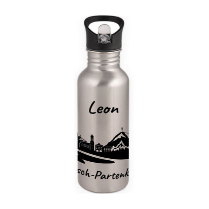 Trinkflasche in Silber 600ml aus Edelstahl bedruckt mit der Skyline von Garmisch-Partenkirchen personalisierbar mit Wunschname