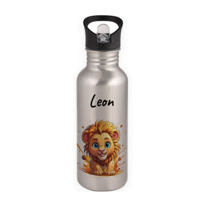 Trinkflasche mit Strohhalm in Silber 600ml bedruckt mit niedlichen Tieren"Löwe" personalisierbar für Kinder mit Wunschname aus Edelstahl