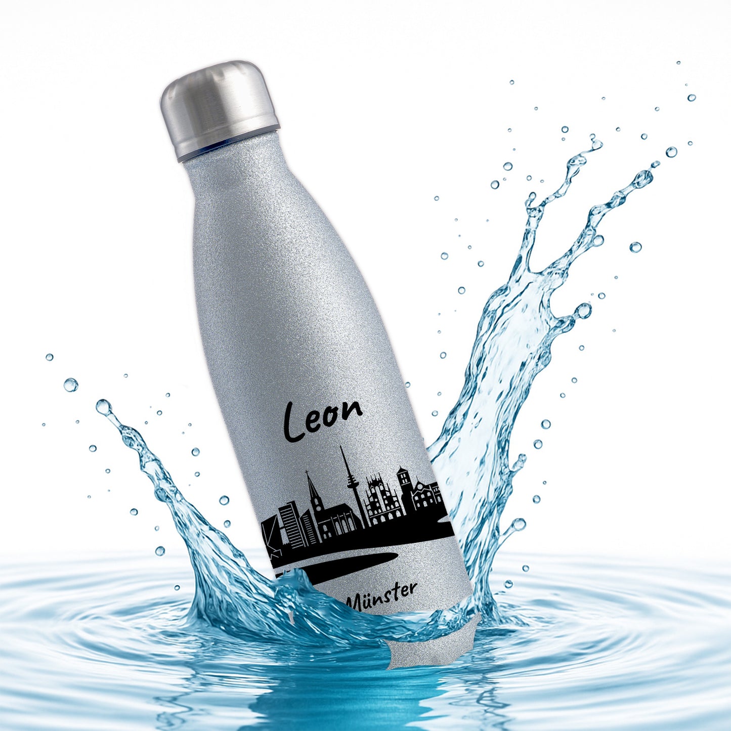 Glitzer Trinkflasche in Silber 500ml aus Edelstahl bedruckt mit der Skyline von Münster personalisierbar mit Wunschname