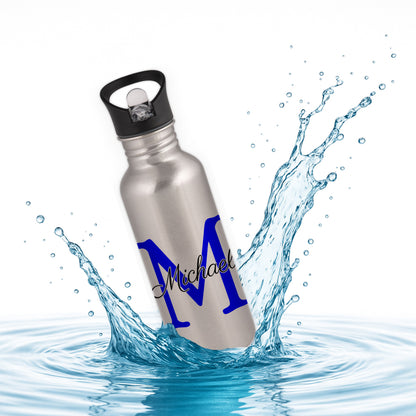 Trinkflasche in Silber 600ml aus Edelstahl bedruckt als "Namensflasche" personalisierbar für Kinder und Erwachsene mit Wunschname