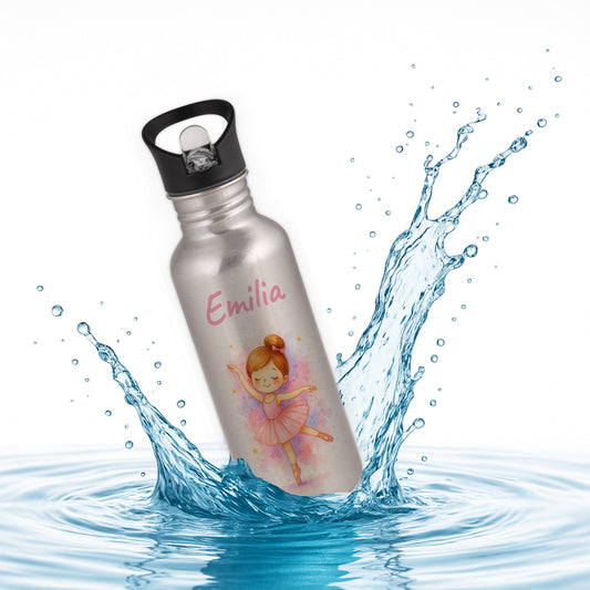 Trinkflasche mit Strohhalm in Silber 600ml bedruckt mit tollen Motiven für Kinder "Ballerina" personalisierbar für Kinder mit Wunschname aus Edelstahl