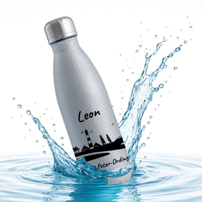 Glitzer Trinkflasche in Silber 500ml aus Edelstahl bedruckt mit der Skyline von Sankt Peter-Ording personalisierbar mit Wunschname