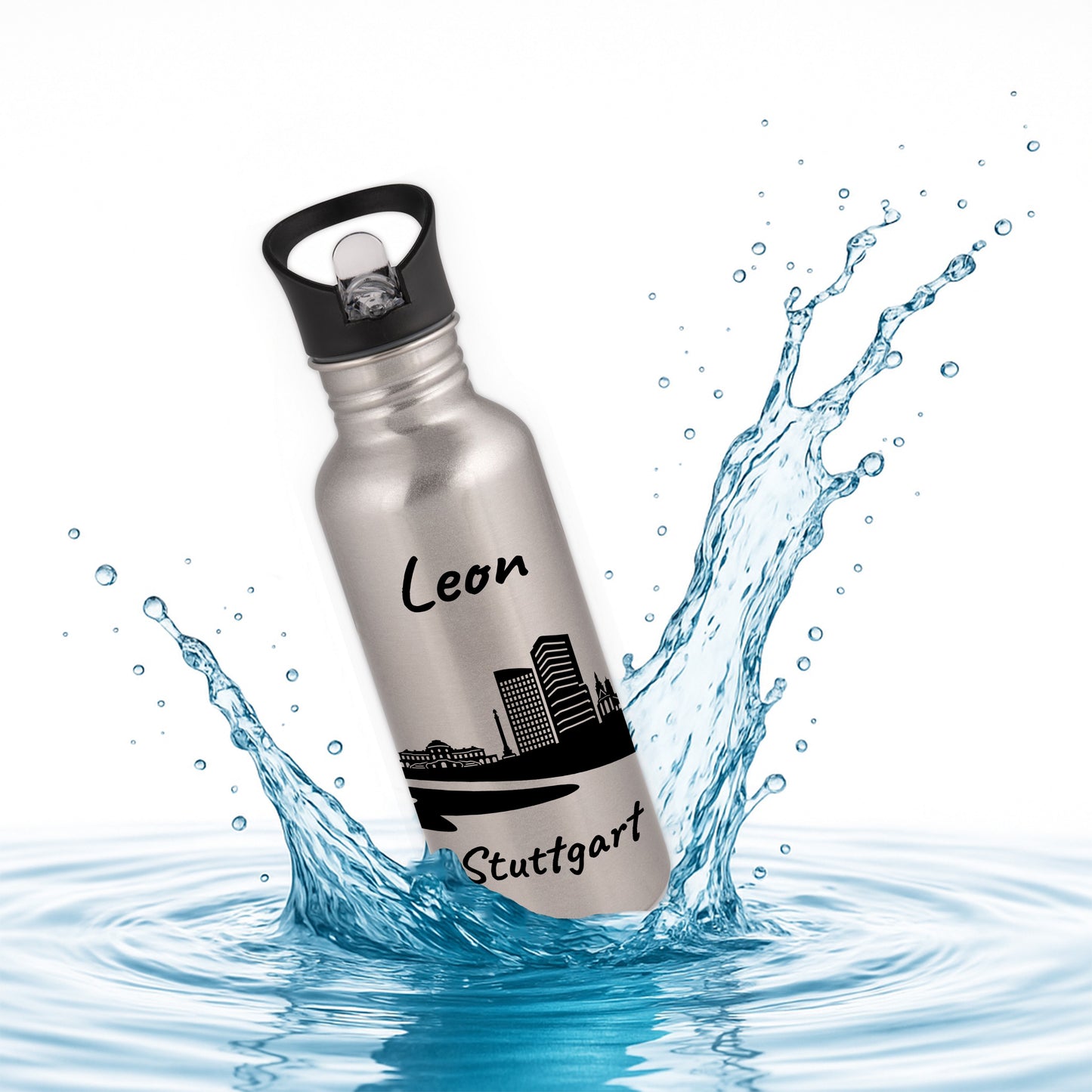 Trinkflasche in Silber 600ml aus Edelstahl bedruckt mit der Skyline von Stuttgart personalisierbar mit Wunschname