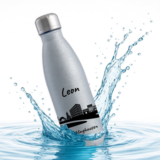 Glitzer Trinkflasche in Silber 500ml aus Edelstahl bedruckt mit der Skyline von Recklinghausen personalisierbar mit Wunschname