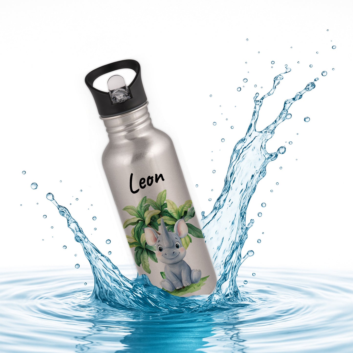 Trinkflasche mit Strohhalm in Silber 600ml bedruckt mit Dschungel Tieren"Nashorn" personalisierbar für Kinder mit Wunschname aus Edelstahl