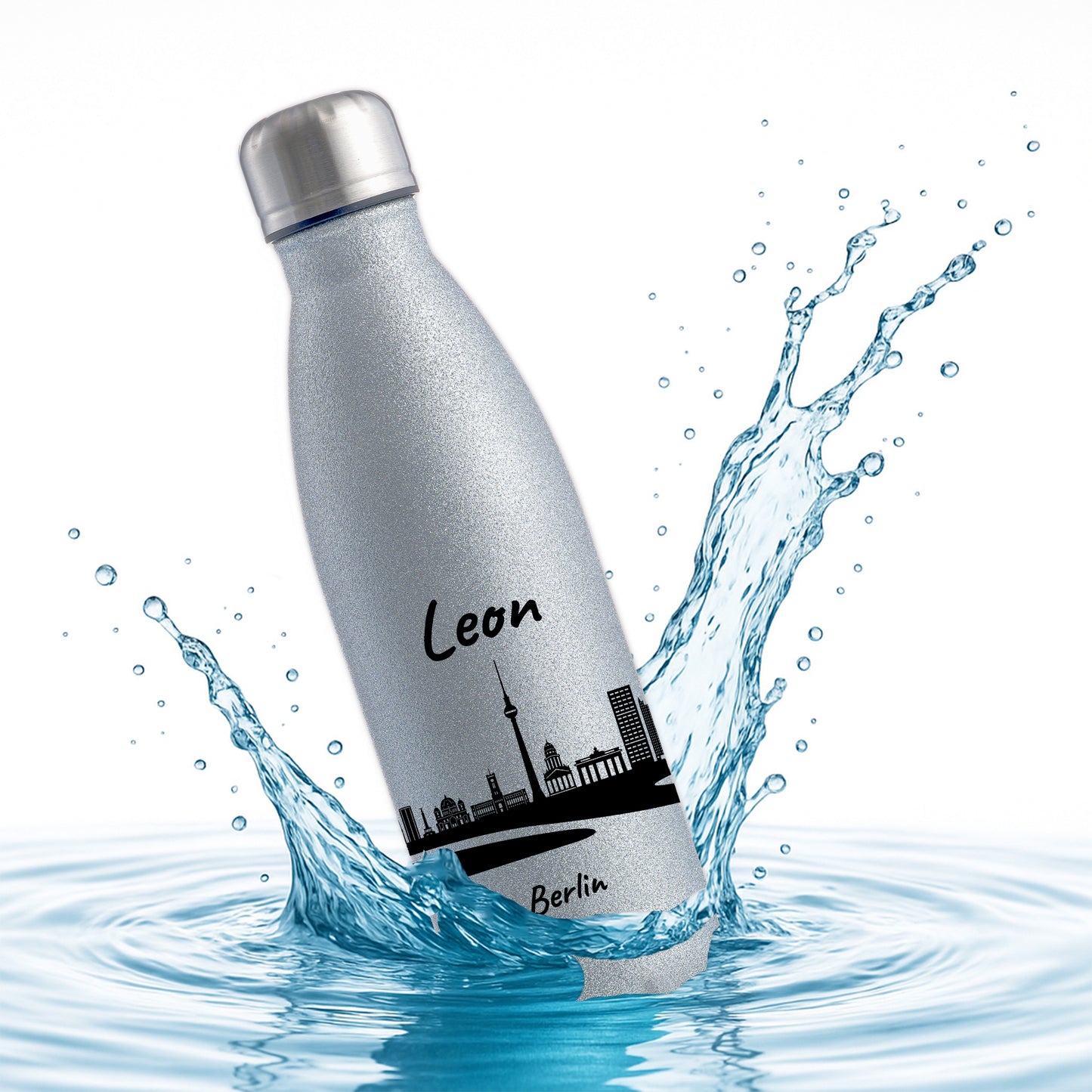 Glitzer Trinkflasche in Silber 500ml aus Edelstahl bedruckt mit der Skyline von Berlin personalisierbar mit Wunschname