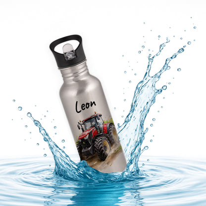 Trinkflasche mit Strohhalm in Silber 600ml bedruckt mit tollen Motiven für Kinder "Traktor" personalisierbar für Kinder mit Wunschname aus Edelstahl