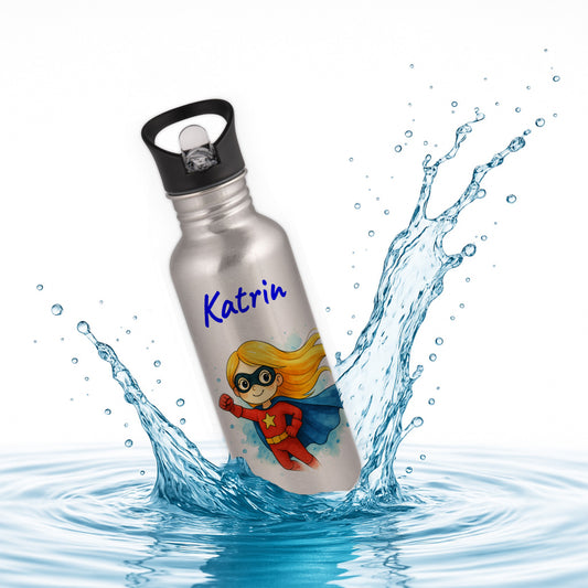 Trinkflasche mit Strohhalm in Silber 600ml bedruckt mit tollen Motiven für Kinder "Superheldin" personalisierbar für Kinder mit Wunschname aus Edelstahl
