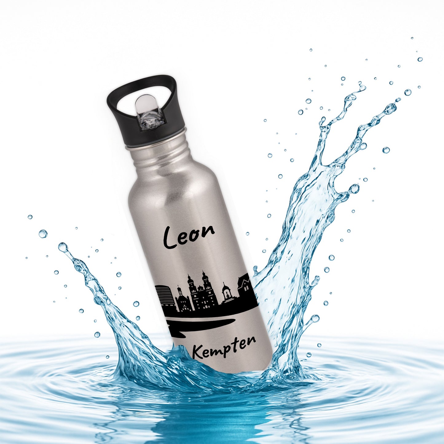 Trinkflasche in Silber 600ml aus Edelstahl bedruckt mit der Skyline von Kempten personalisierbar mit Wunschname