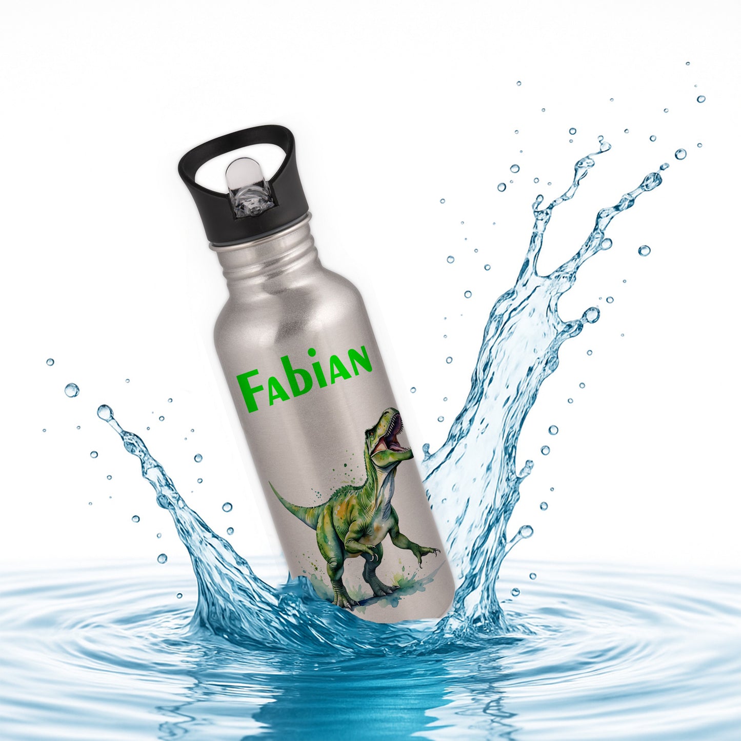 Trinkflasche mit Strohhalm in Silber 600ml bedruckt mit tollen Motiven für Kinder "Dino T-Rex" personalisierbar für Kinder mit Wunschname aus Edelstahl