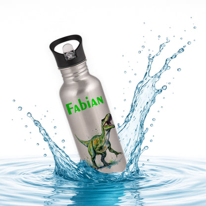 Trinkflasche mit Strohhalm in Silber 600ml bedruckt mit tollen Motiven für Kinder "Dino T-Rex" personalisierbar für Kinder mit Wunschname aus Edelstahl