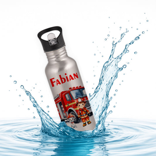 Trinkflasche mit Strohhalm in Silber 600ml bedruckt mit tollen Motiven für Kinder "Feuerwehr" personalisierbar für Kinder mit Wunschname aus Edelstahl