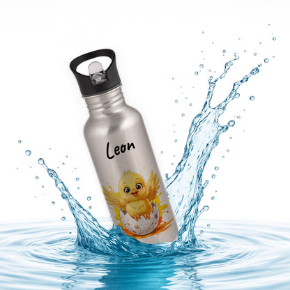 Trinkflasche mit Strohhalm in Silber 600ml bedruckt mit niedlichen Tieren"Küken" personalisierbar für Kinder mit Wunschname aus Edelstahl