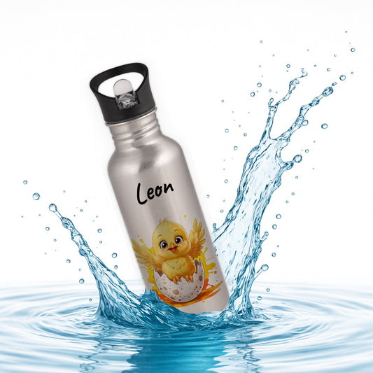 Trinkflasche mit Strohhalm in Silber 600ml bedruckt mit niedlichen Tieren"Küken" personalisierbar für Kinder mit Wunschname aus Edelstahl