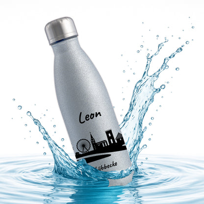 Glitzer Trinkflasche in Silber 500ml aus Edelstahl bedruckt mit der Skyline von Lübbecke personalisierbar mit Wunschname