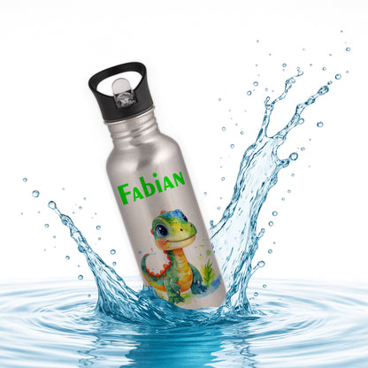 Trinkflasche mit Strohhalm in Silber 600ml bedruckt mit tollen Motiven für Kinder "Dino Kinder" personalisierbar für Kinder mit Wunschname aus Edelstahl