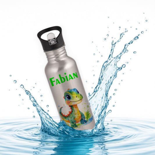 Trinkflasche mit Strohhalm in Silber 600ml bedruckt mit tollen Motiven für Kinder "Dino Kinder" personalisierbar für Kinder mit Wunschname aus Edelstahl