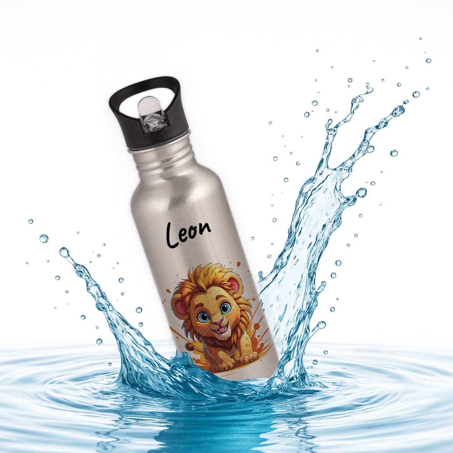 Trinkflasche mit Strohhalm in Silber 600ml bedruckt mit niedlichen Tieren"Löwe" personalisierbar für Kinder mit Wunschname aus Edelstahl