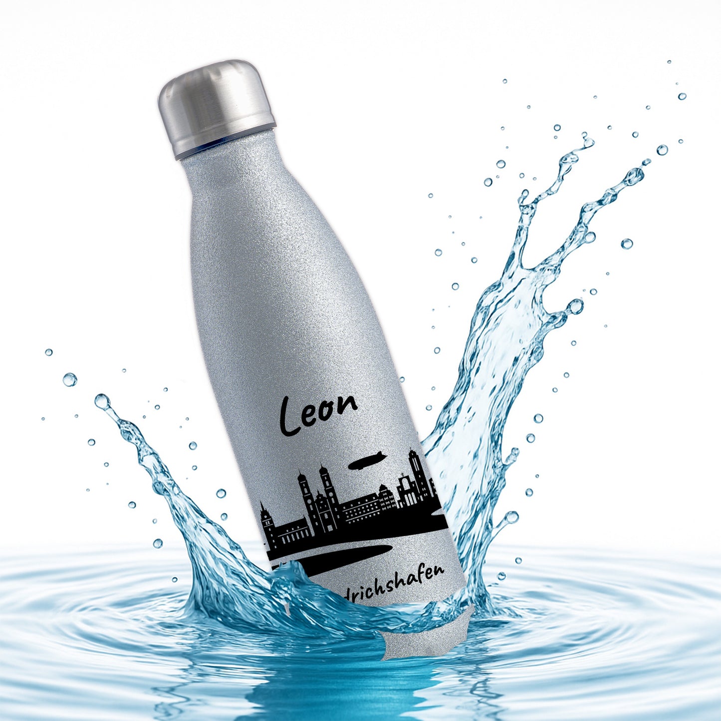 Glitzer Trinkflasche in Silber 500ml aus Edelstahl bedruckt mit der Skyline von Friedrichshafen personalisierbar mit Wunschname