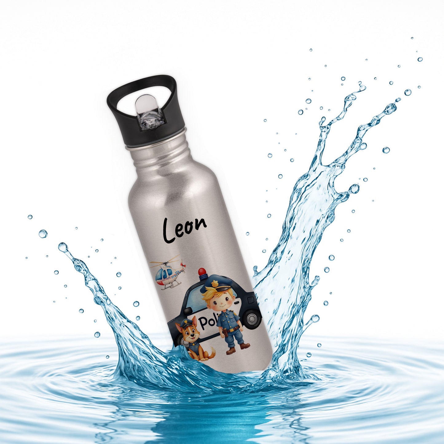 Trinkflasche mit Strohhalm in Silber 600ml bedruckt mit tollen Motiven für Kinder "Polizei" personalisierbar für Kinder mit Wunschname aus Edelstahl