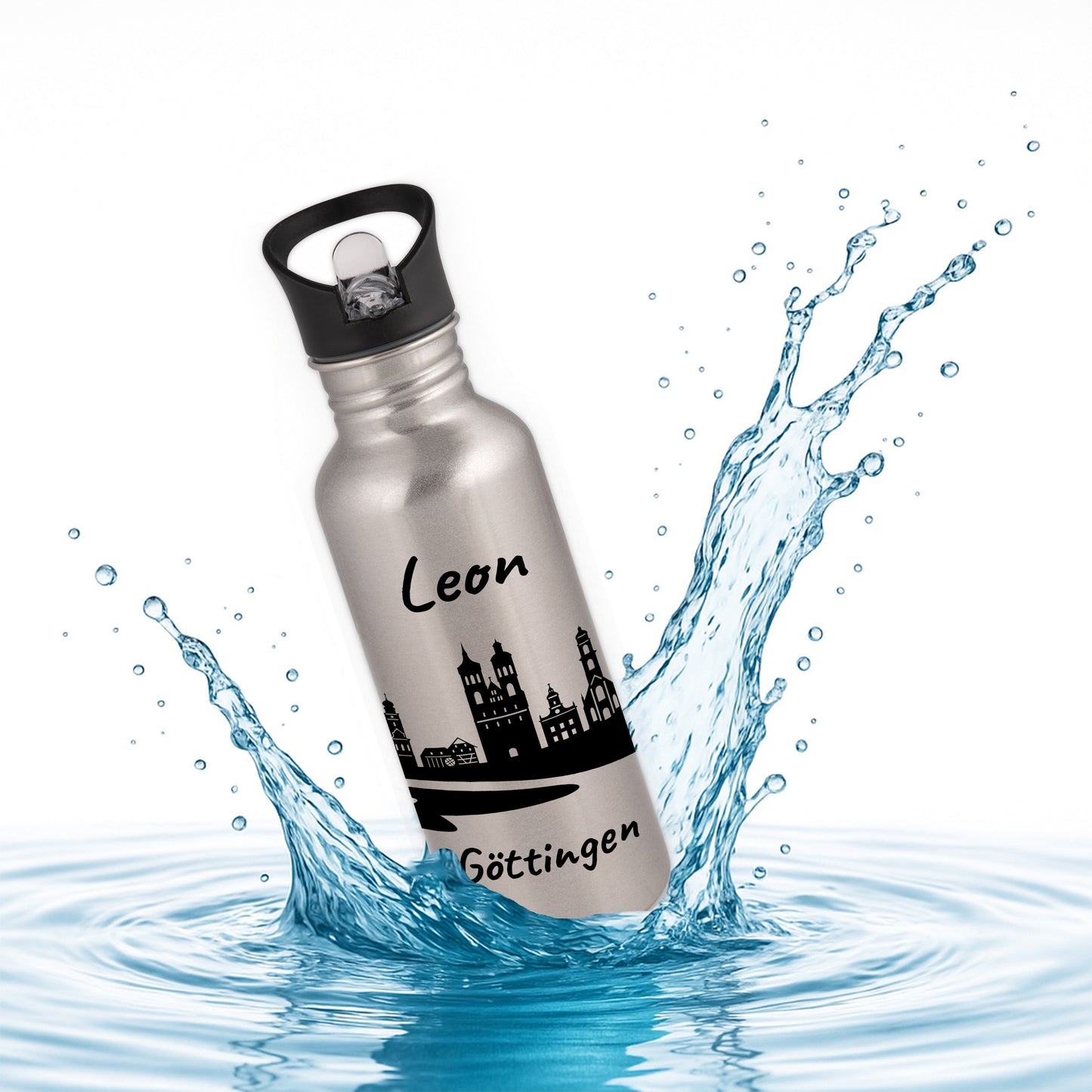 Trinkflasche in Silber 600ml aus Edelstahl bedruckt mit der Skyline von Göttingen personalisierbar mit Wunschname