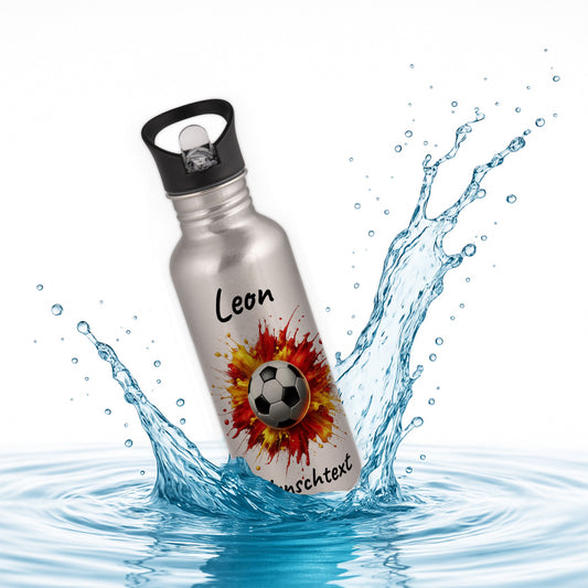 Trinkflasche mit Strohhalm in Silber 600ml bedruckt mit Fußball Motiven"Motiv9" personalisierbar für Kinder mit Wunschname aus Edelstahl