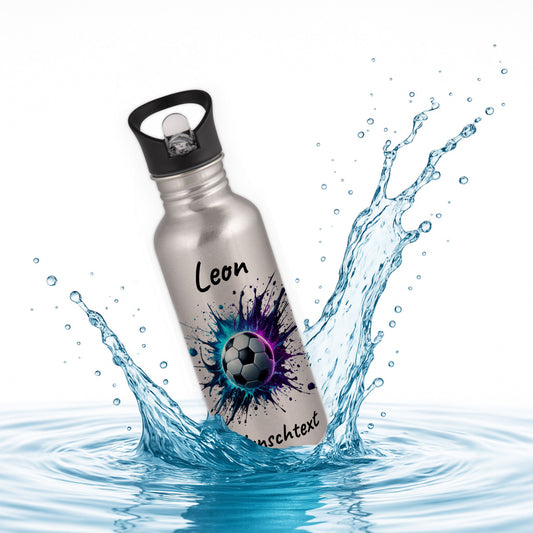 Trinkflasche mit Strohhalm in Silber 600ml bedruckt mit Fußball Motiven"Motiv10" personalisierbar für Kinder mit Wunschname aus Edelstahl