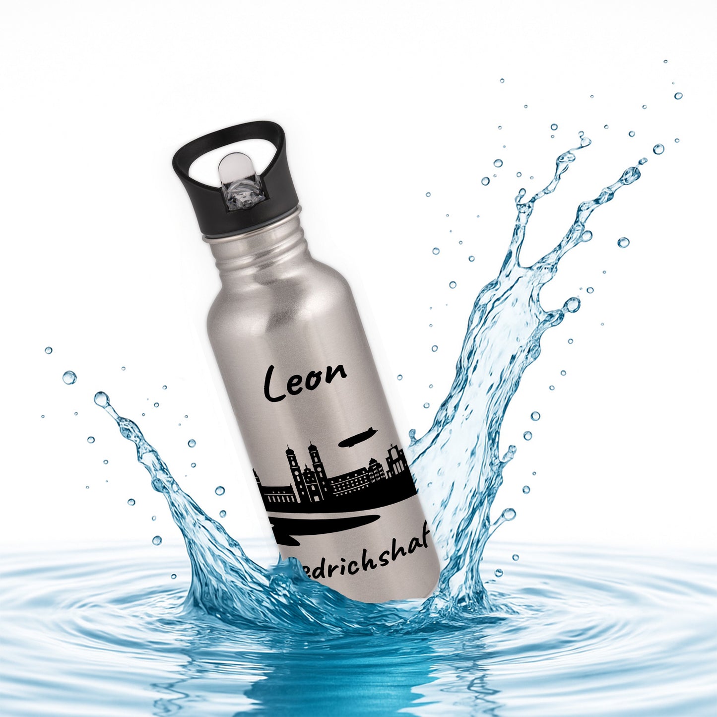 Trinkflasche in Silber 600ml aus Edelstahl bedruckt mit der Skyline von Friedrichshafen personalisierbar mit Wunschname