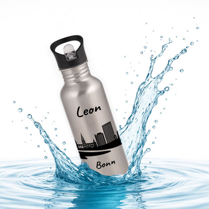 Trinkflasche in Silber 600ml aus Edelstahl bedruckt mit der Skyline von Bonn personalisierbar mit Wunschname