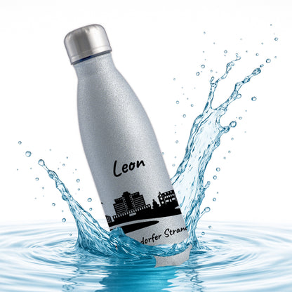 Glitzer Trinkflasche in Silber 500ml aus Edelstahl bedruckt mit der Skyline von Timmendorfer Strand personalisierbar mit Wunschname