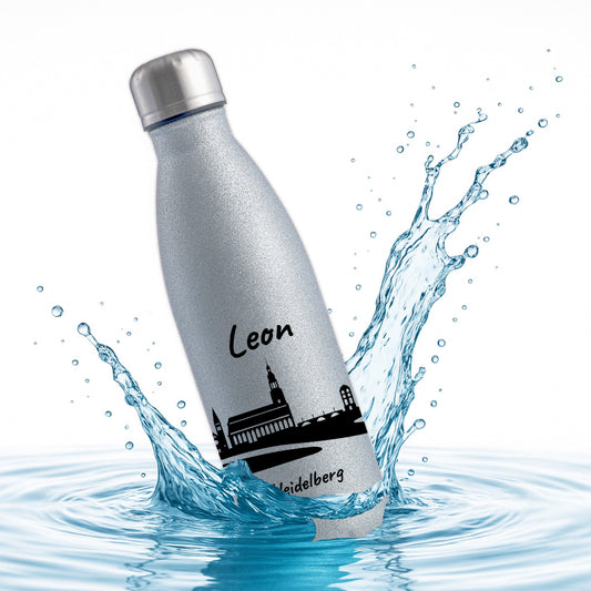 Glitzer Trinkflasche in Silber 500ml aus Edelstahl bedruckt mit der Skyline von Heidelberg personalisierbar mit Wunschname