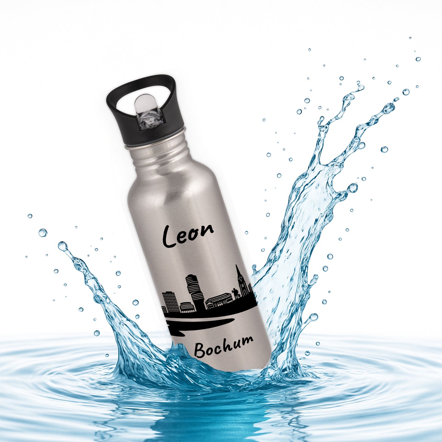 Trinkflasche in Silber 600ml aus Edelstahl bedruckt mit der Skyline von Bochum personalisierbar mit Wunschname