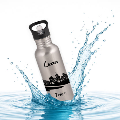 Trinkflasche in Silber 600ml aus Edelstahl bedruckt mit der Skyline von Trier personalisierbar mit Wunschname