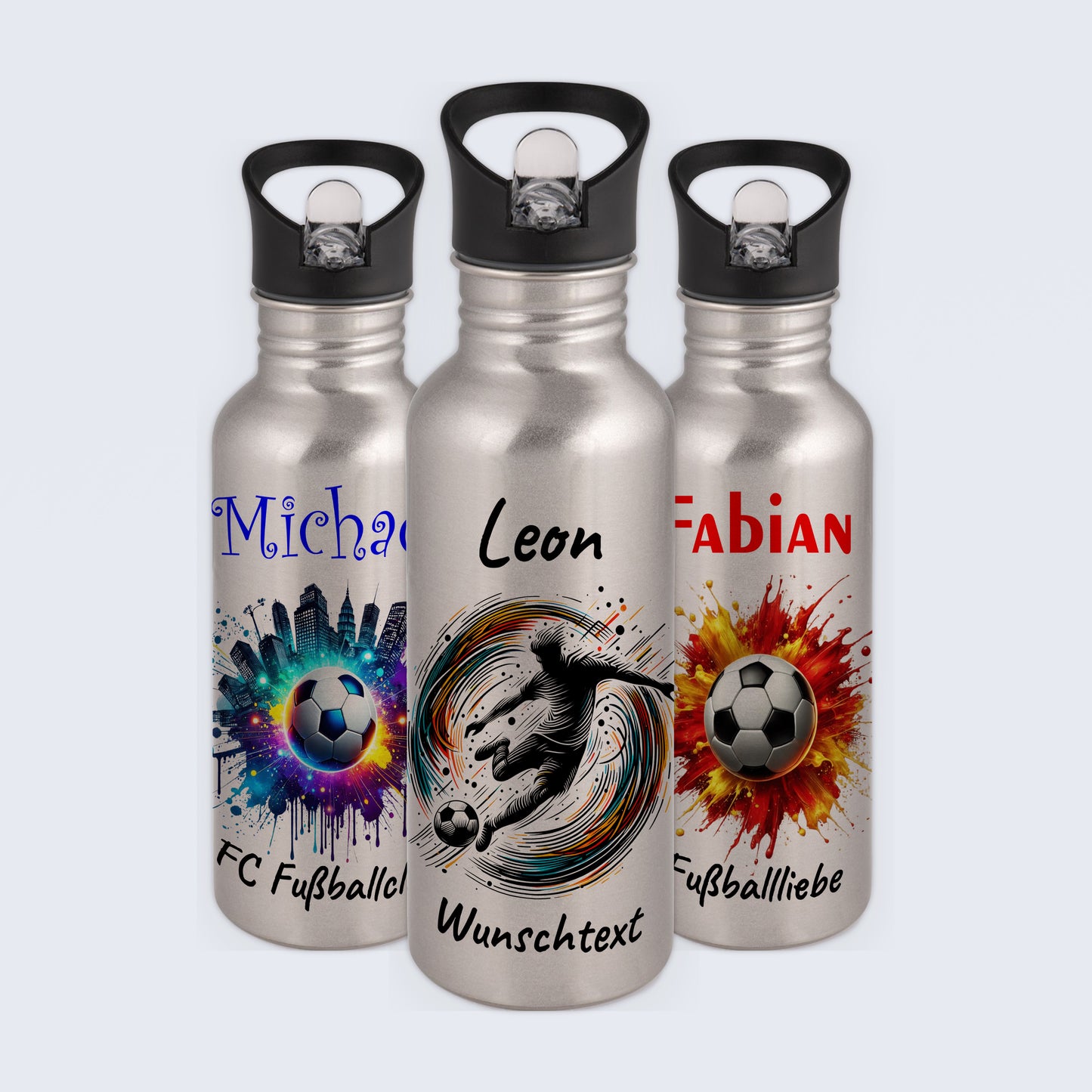 Trinkflasche mit Strohhalm in Silber 600ml bedruckt mit Fußball Motiven"Motiv1" personalisierbar für Kinder mit Wunschname aus Edelstahl