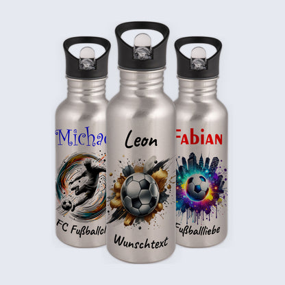 Trinkflasche mit Strohhalm in Silber 600ml bedruckt mit Fußball Motiven"Motiv13" personalisierbar für Kinder mit Wunschname aus Edelstahl