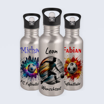 Trinkflasche mit Strohhalm in Silber 600ml bedruckt mit Fußball Motiven"Motiv2" personalisierbar für Kinder mit Wunschname aus Edelstahl