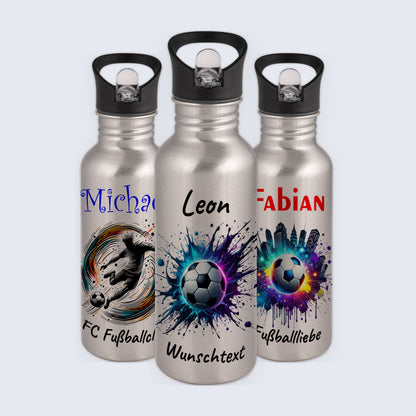 Trinkflasche mit Strohhalm in Silber 600ml bedruckt mit Fußball Motiven"Motiv10" personalisierbar für Kinder mit Wunschname aus Edelstahl