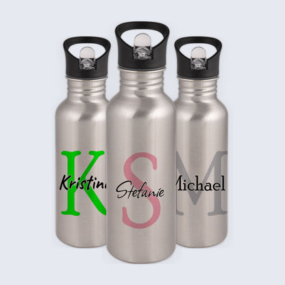 Trinkflasche in Silber 600ml aus Edelstahl bedruckt als "Namensflasche" personalisierbar für Kinder und Erwachsene mit Wunschname