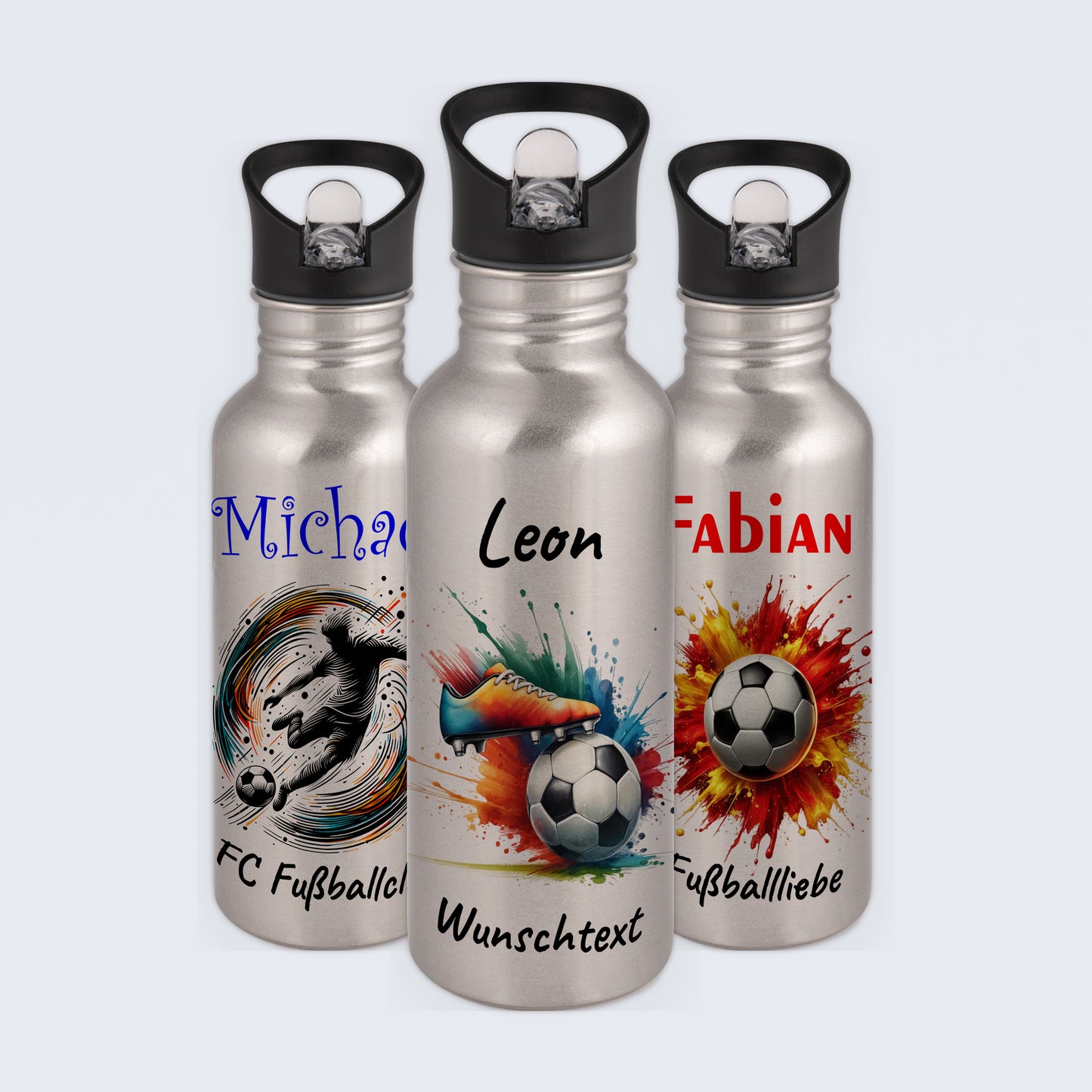 Trinkflasche mit Strohhalm in Silber 600ml bedruckt mit Fußball Motiven"Motiv6" personalisierbar für Kinder mit Wunschname aus Edelstahl