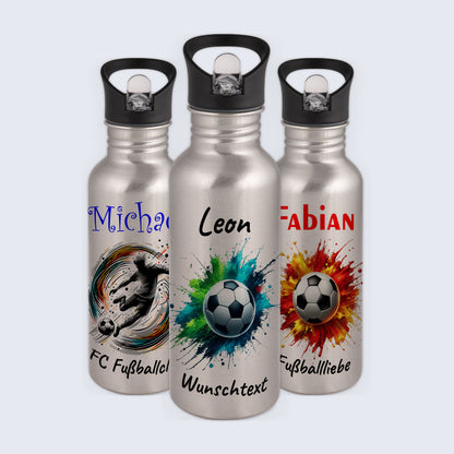 Trinkflasche mit Strohhalm in Silber 600ml bedruckt mit Fußball Motiven"Motiv8" personalisierbar für Kinder mit Wunschname aus Edelstahl