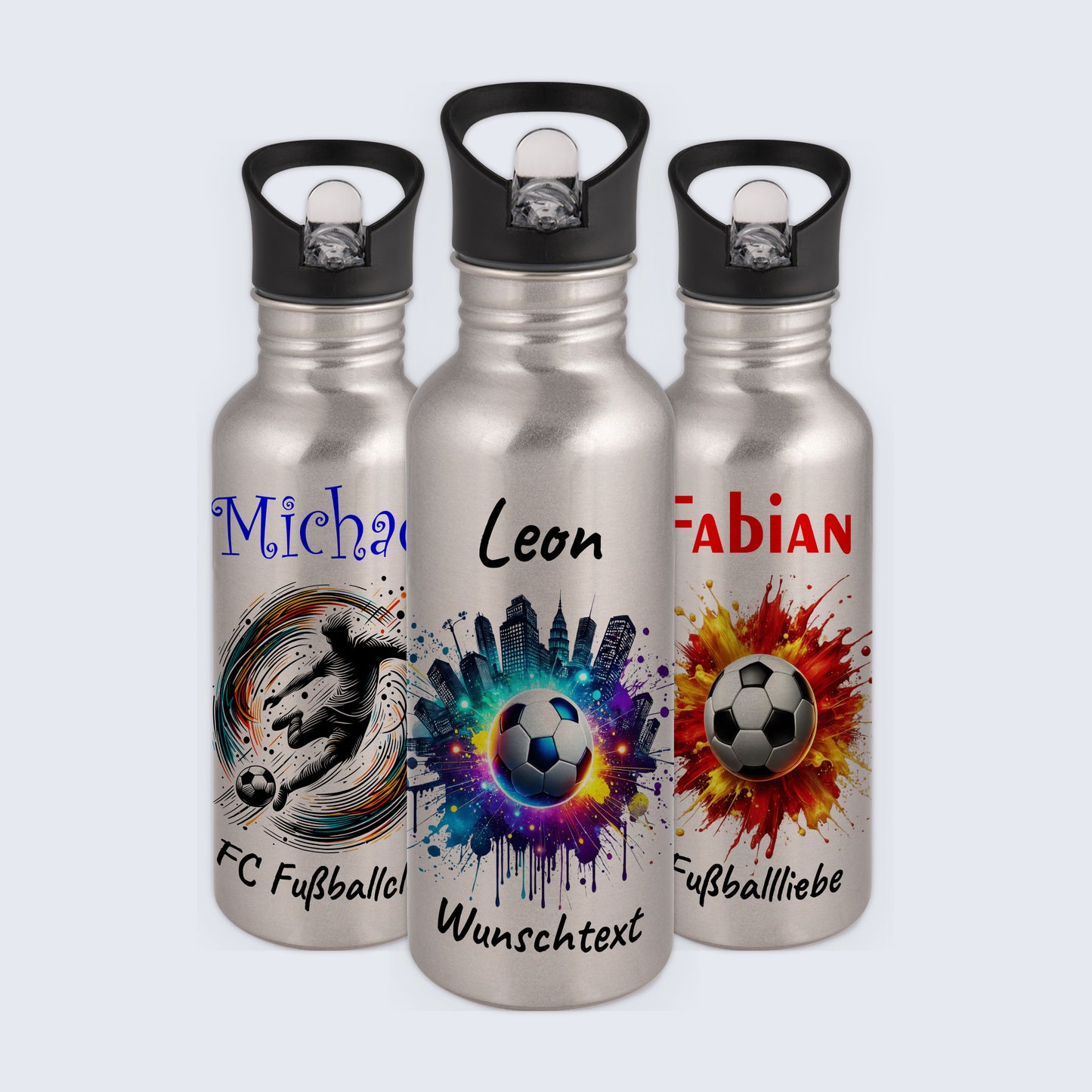Trinkflasche mit Strohhalm in Silber 600ml bedruckt mit Fußball Motiven"Motiv7" personalisierbar für Kinder mit Wunschname aus Edelstahl