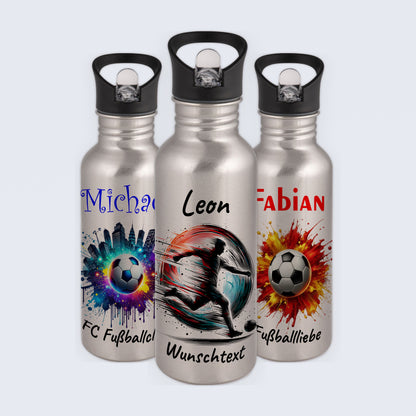 Trinkflasche mit Strohhalm in Silber 600ml bedruckt mit Fußball Motiven"Motiv3" personalisierbar für Kinder mit Wunschname aus Edelstahl