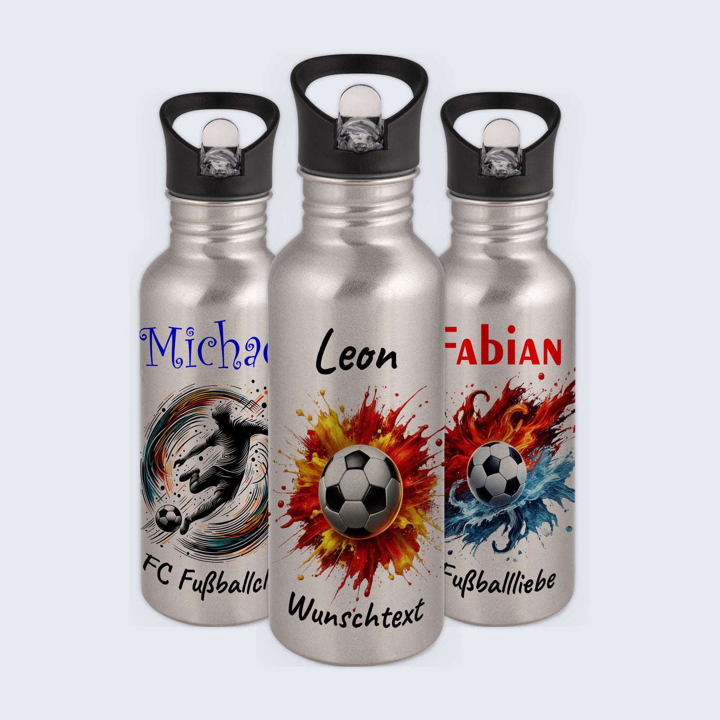 Trinkflasche mit Strohhalm in Silber 600ml bedruckt mit Fußball Motiven"Motiv9" personalisierbar für Kinder mit Wunschname aus Edelstahl