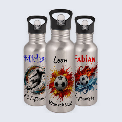 Trinkflasche mit Strohhalm in Silber 600ml bedruckt mit Fußball Motiven"Motiv9" personalisierbar für Kinder mit Wunschname aus Edelstahl