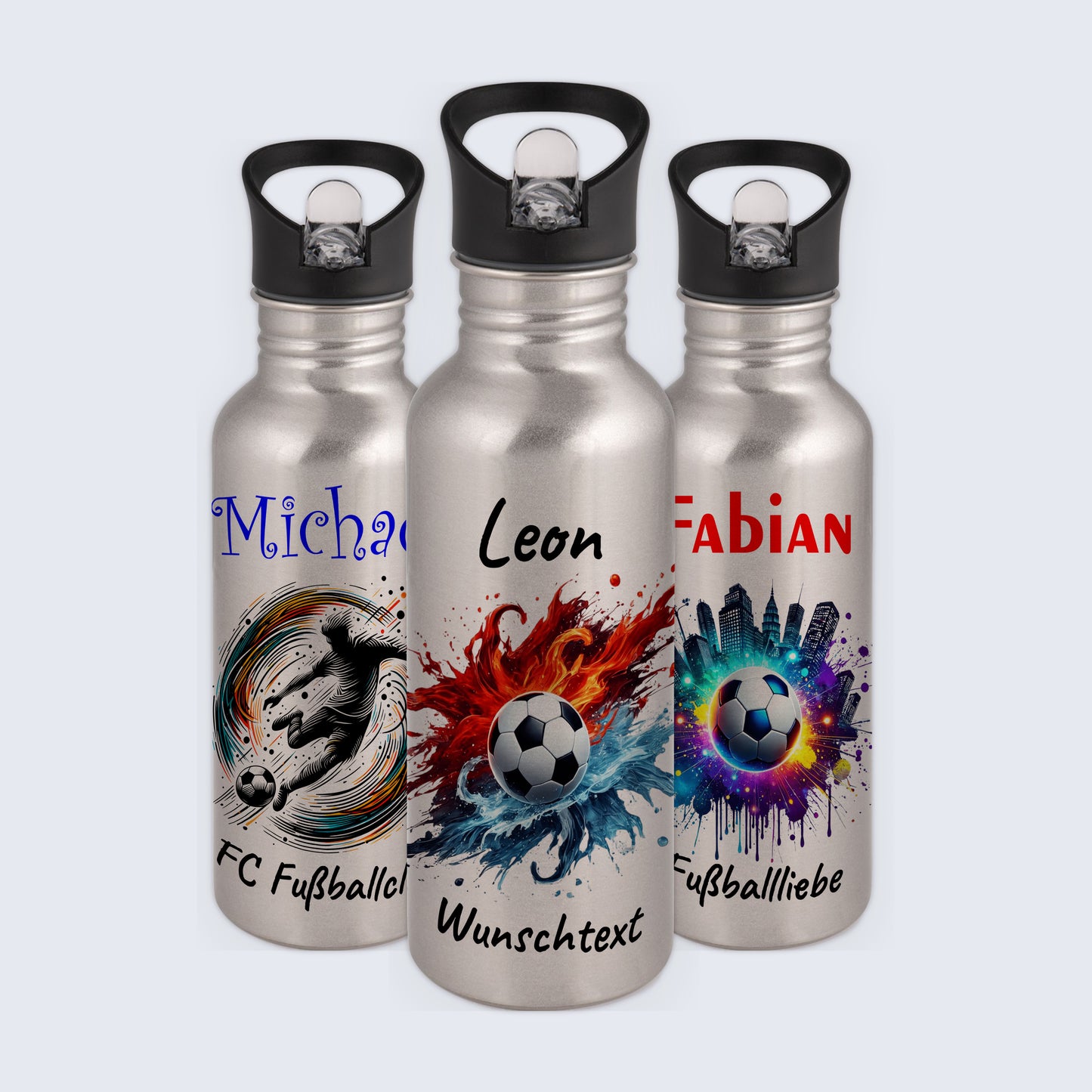 Trinkflasche mit Strohhalm in Silber 600ml bedruckt mit Fußball Motiven"Motiv12" personalisierbar für Kinder mit Wunschname aus Edelstahl