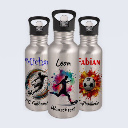 Trinkflasche mit Strohhalm in Silber 600ml bedruckt mit Fußball Motiven"Motiv4" personalisierbar für Kinder mit Wunschname aus Edelstahl