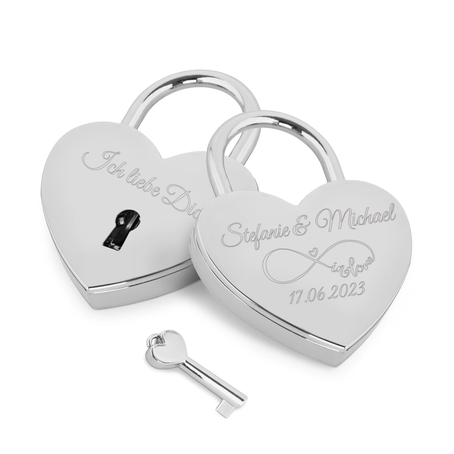 Herzschloss in Silber mit Gravur "Unendlich in LOVE" Liebesschloss personalisiert mit Wunschnamen in 4 ver. Farben
