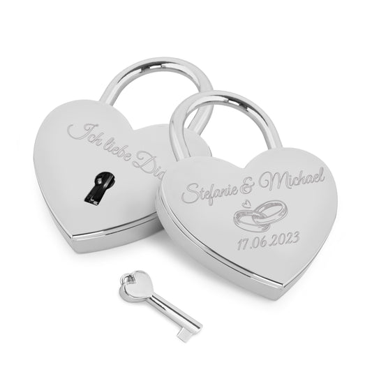 Herzschloss in Silber mit Gravur "Eheringe" Liebesschloss personalisiert mit Wunschnamen in 4 ver. Farben